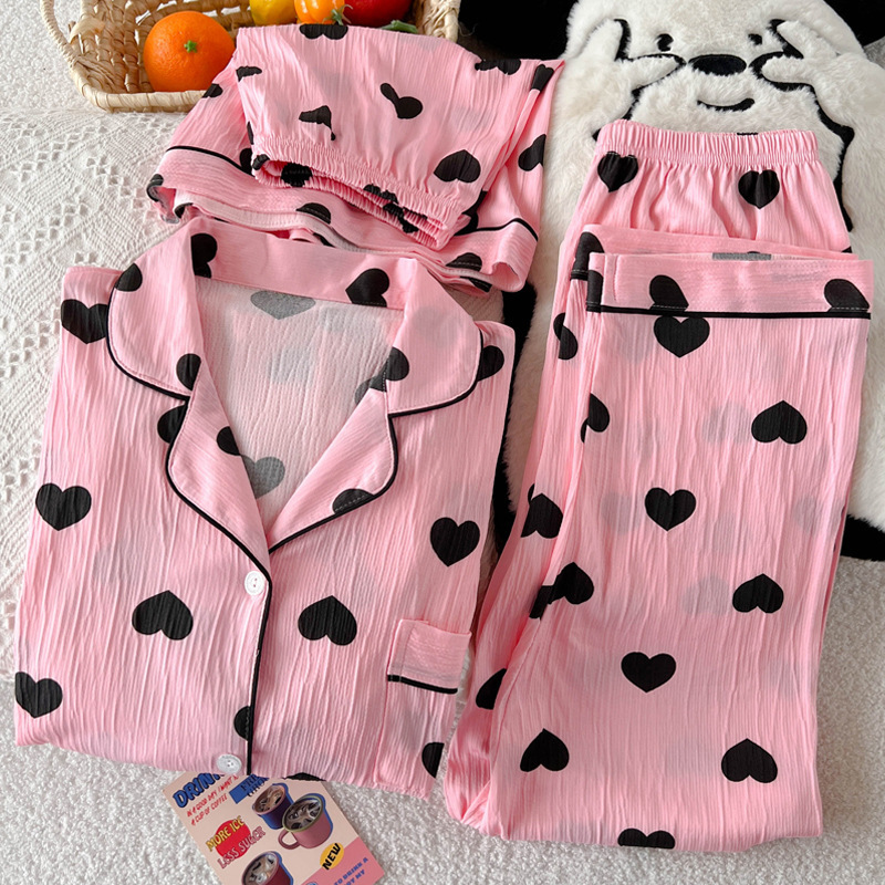 Japanese-Style High-Value Ins-Style Heart Casual Soft Wrinkled Fabric Pajamas for Women Summer Short-Sleeve Three-Piece Loungewear Wholesale