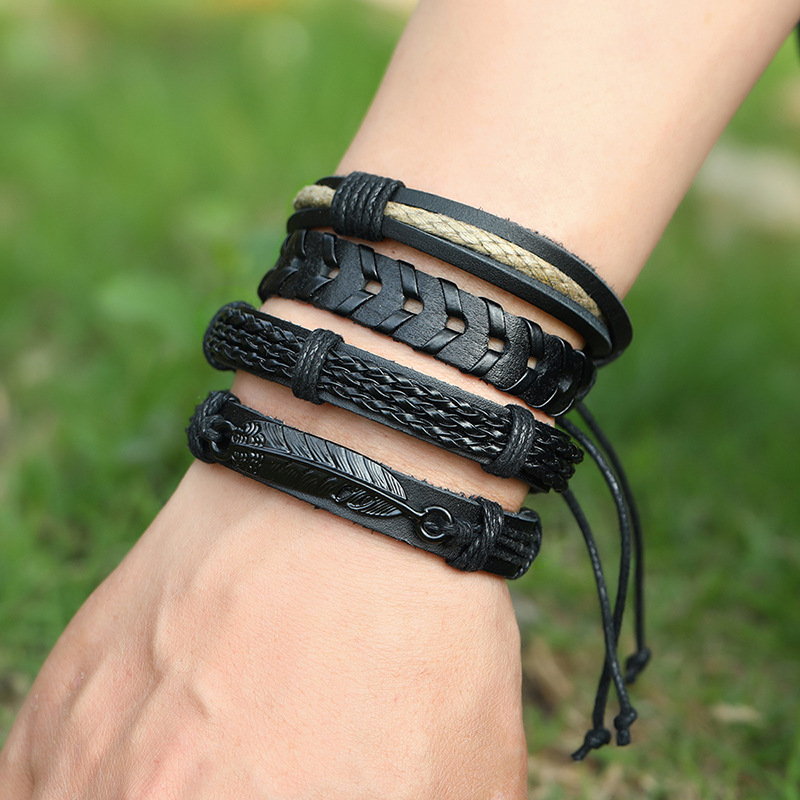 retro braided leather black bracelet 12-piece combination