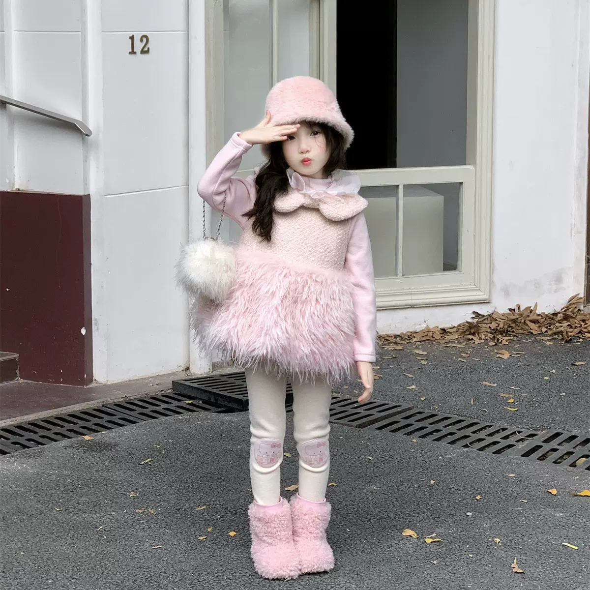 2025冬季新款 女童娃娃领加绒打底衫+皮草夹棉背心裙+加绒打底裤