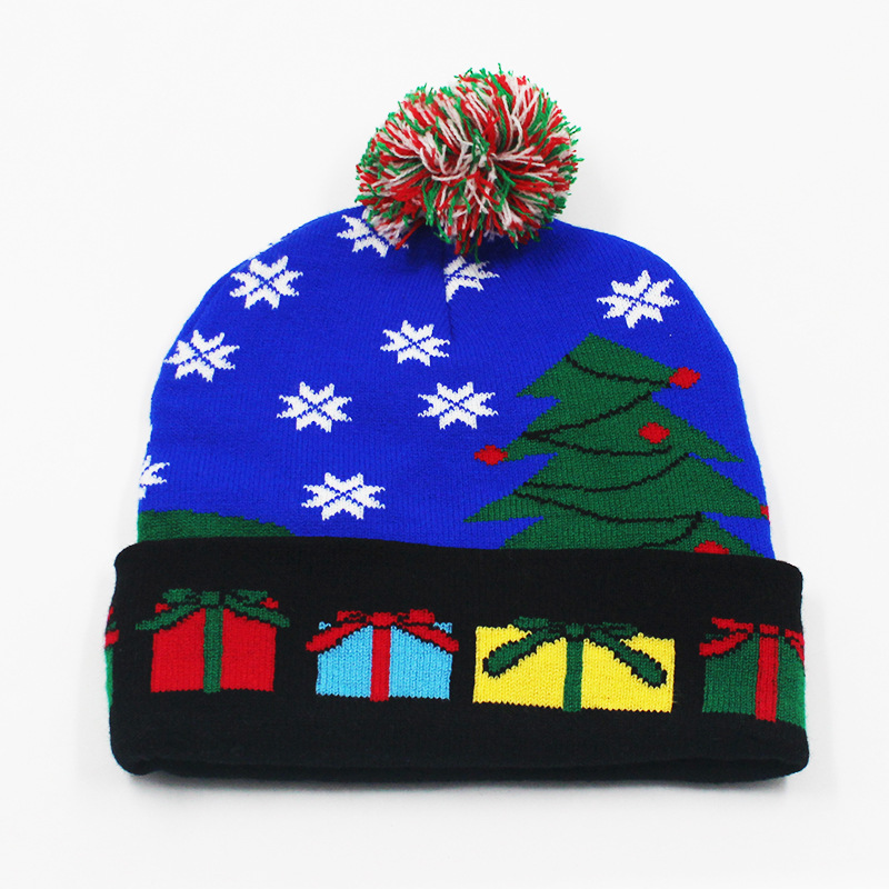 Fabricante transfronterizo de gorros navideños europeos y americanos tejidos en jacquard, gorros navideños de lana con luces LED, gorros navideños con pompón y bufandas. image 33