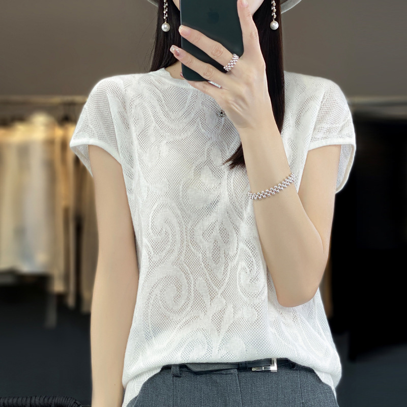 Worsted Wool 2024 Summer Women's New Short Thin Loose Round Neck Hollow Lace Short-sleeved T-shirt Sweater Vest