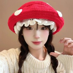 可爱蘑菇小红帽手工钩织贝雷帽子波点花边毛线帽秋冬季保暖针织帽
