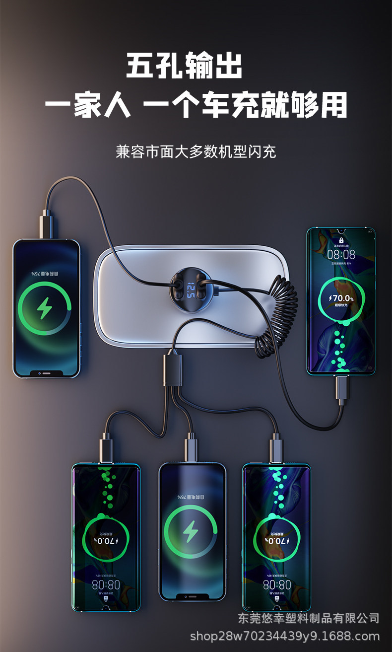 Car charger with one-to-three cigarette lighter quick charge adapter for super phones, car charger with USB interface for automobiles