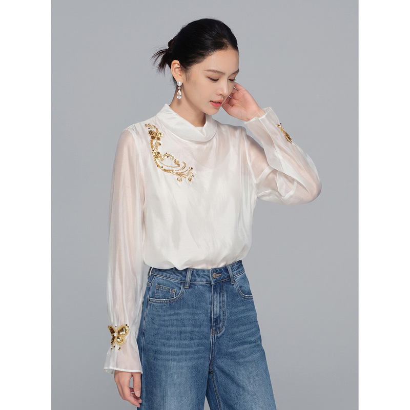 【Zhihetang】New Chinese Style Cross-collar Embroidered Top with Gold Beads for Women, Loose Fit, Zen-Inspired National Style Blouse 【Zhihetang】New Chinese Style Cross-collar Embroidered Top with Gold Beads for Women, Loose Fit, Zen-Inspired National Style Blouse