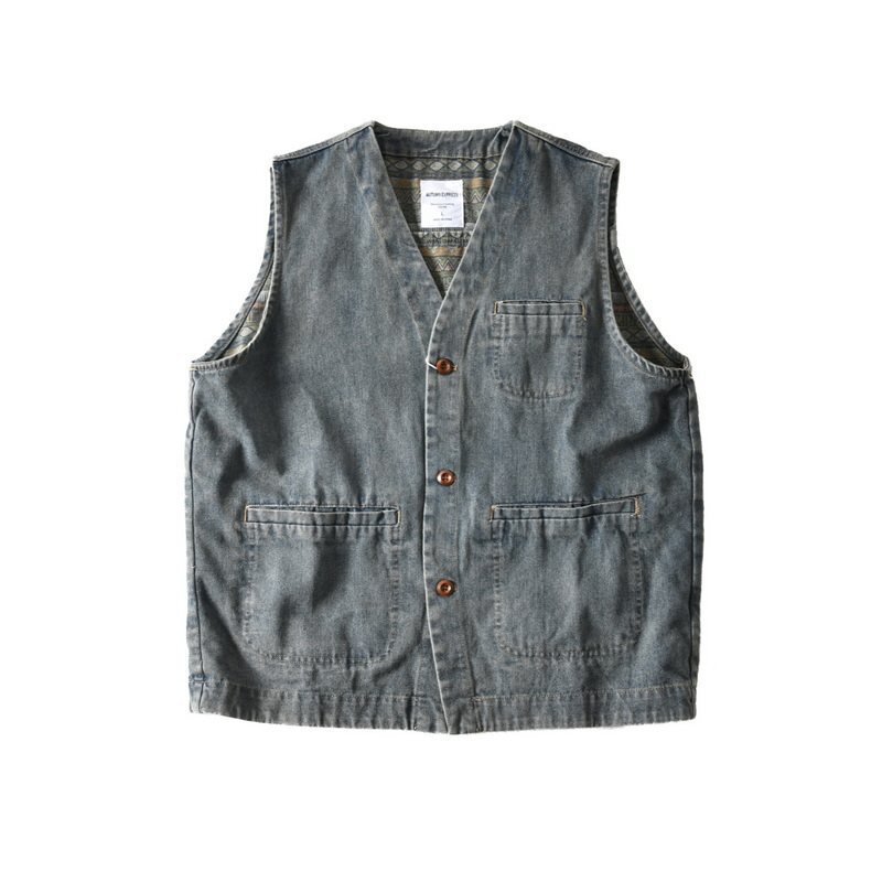 American Retro Washed Vintage V-Neck Men's Denim Vest, New Spring and Autumn Style, Loose Casual Sleeveless Jacket