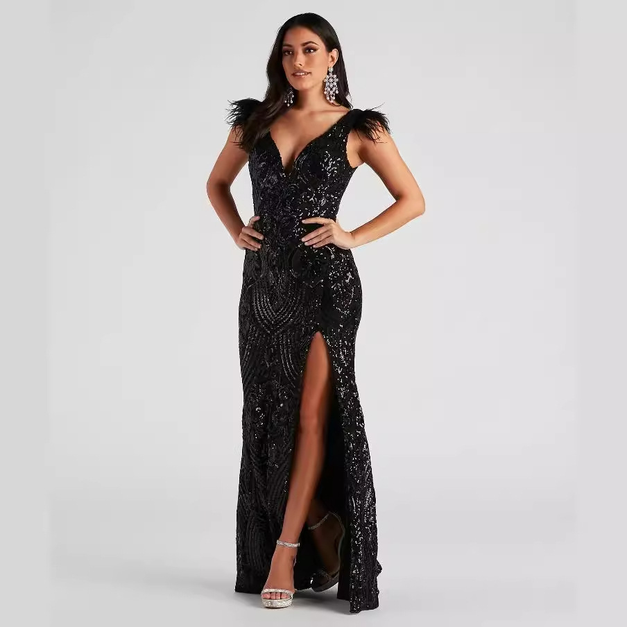 Transfronterizo 2024 verano nueva moda delgado de alta densidad con lentejuelas banquete vestido de noche