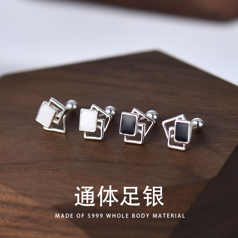 S999銀幾何耳釘新款2023年潮簡約耳骨釘百搭氣質小眾設計感螺絲耳