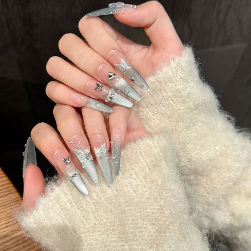 Mint Mambo Handmade Cat Eye Butterfly High-End Luxury Long Purely Handmade Elegant Transparent Base Nail Tips for a Fairer Skin Tone Mint Mambo Handmade Cat Eye Butterfly High-End Luxury Long Purely Handmade Elegant Transparent Base Nail Tips for a Fairer Skin Tone