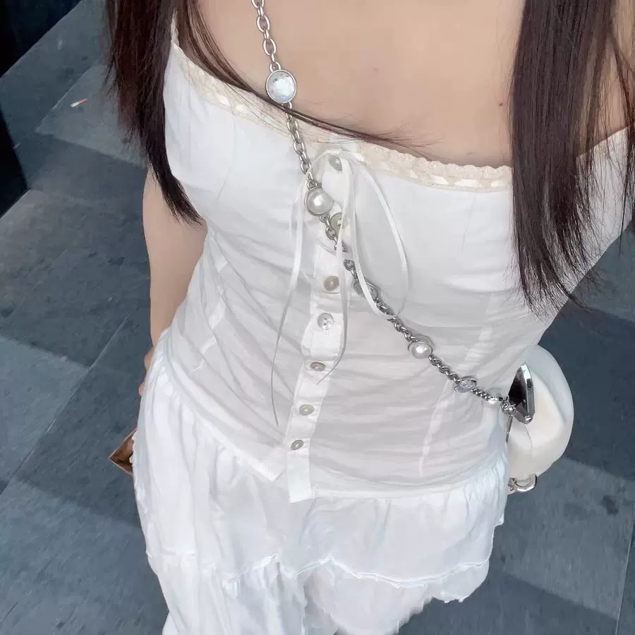 夏季法式舒适白色背部松紧+精致蕾丝花边丝带收腰吊带+长裙套装女