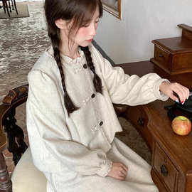 新中式复古盘扣连衣裙套装女2025春秋学院风长袖上衣半身裙两件套