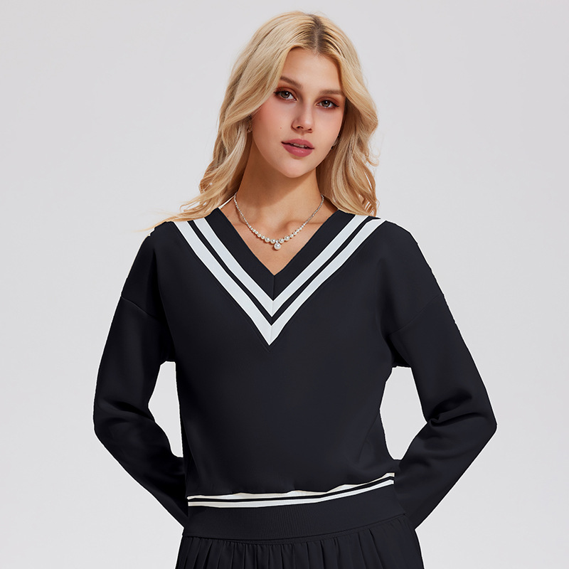 Caijue transfronterizo amazon camiseta deportiva femenina estilo americano retro relajado mangas largas de cuello en V de bádminton ropa de tenis femenina