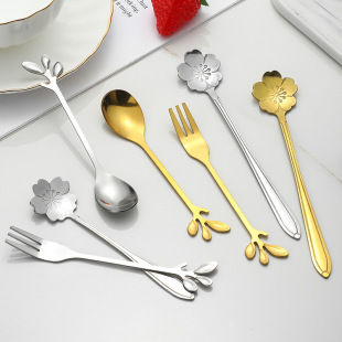 Creative Stainless Steel Leaf Spoon Fork Petal Spoon Japanese and Korean Restaurant Coffee Mixing Spoon Household Fruit Fork Spoon Dessert Fork