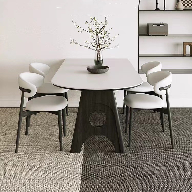 Mesa de comedor de la península de pizarra de roca ovalada de madera maciza estilo retrógrado simple mesa de comedor de pizarra de roca blanca pura