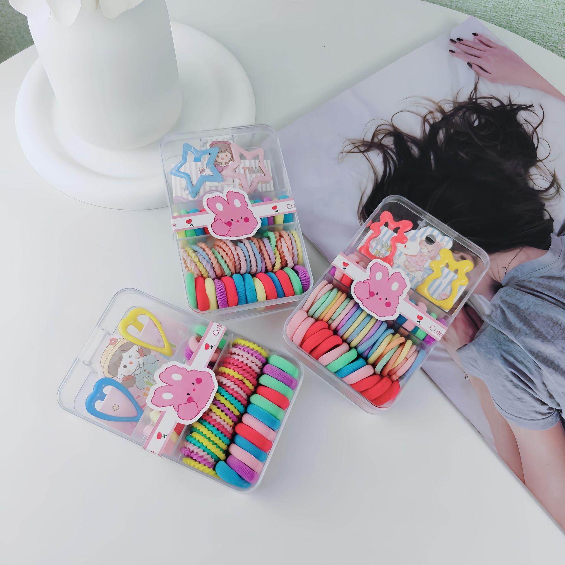 Niños de color pulgar fideos anillo de cabello no daña cabello cuadrado caja de banda nuevo anillo no daña cabello conjunto de combinación