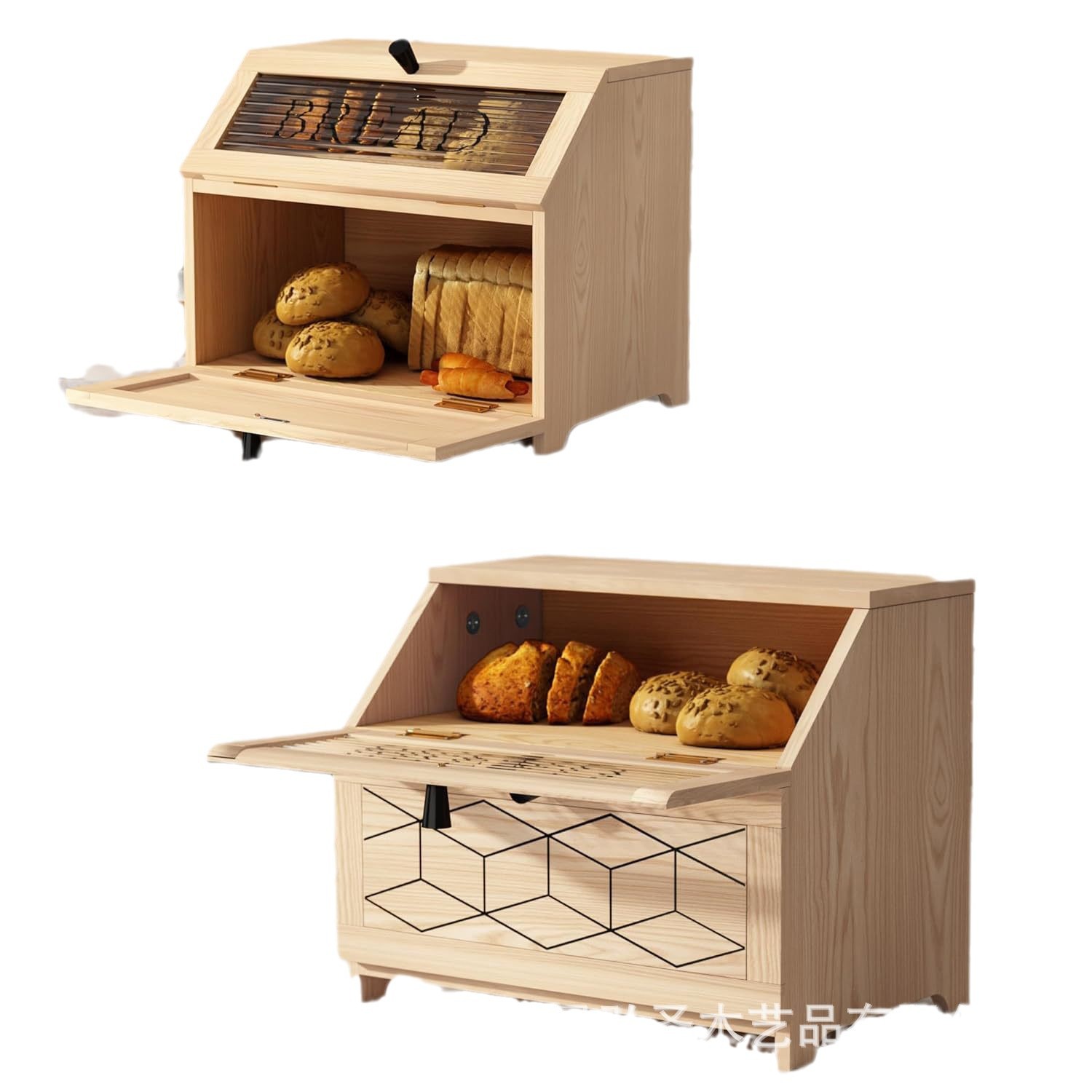 Caja de pan de madera Encimera de cocina Caja de pan grande con contenedor de borde dorado Caja de acabado de pan de esquina del armario