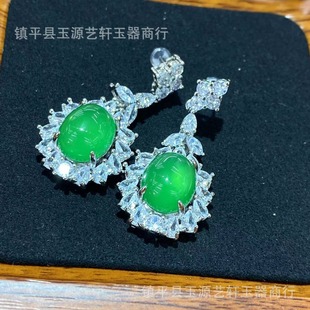 High ice chalcedony earrings women's back cover light imperial green agate jade earrings net popular live earrings gift