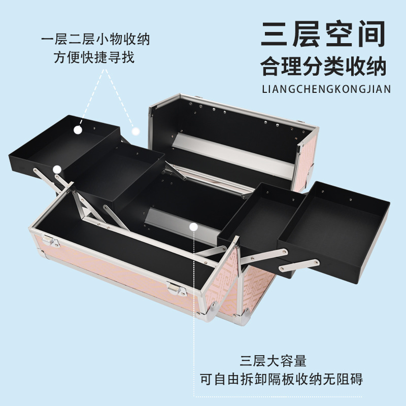 Caja de maquillaje portátil, caja de manicura de gran capacidad, caja de herramientas de peluquería con bordado de tatuajes, artista de maquillaje y caja de maquillaje para almacenamiento al aire libre