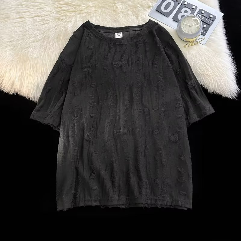 Men's Ripped Distressed Short Sleeve T-Shirt Hong Kong Style Trendy Cool Design Summer Loose Fit Couple's Five Quarter Sleeve Top_voghion.com