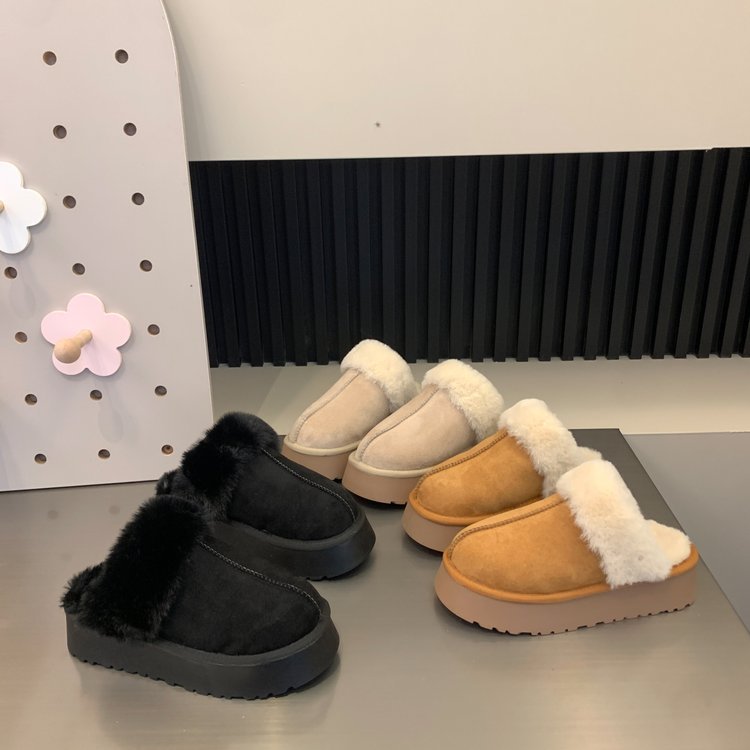 Papuci retro din blană pentru femei care poartă cizme de zăpadă cu talpă groasă integrată din blană nouă, cu vârf și papuci cu fund plat din bumbac_voghion.com