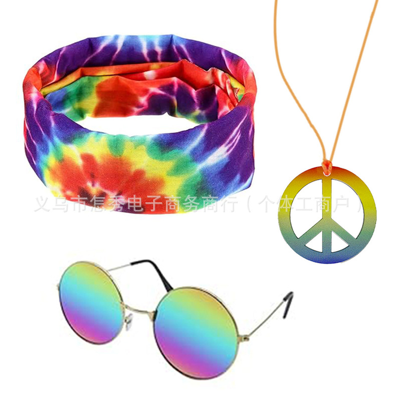 Hippie Colorful Earrings, Peace Sign Necklace, Sun Wreath, Glasses Set, Dance Party Costume, Party Props in Stock