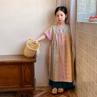 童裙2026夏款女童拼接田园波西米亚韩版V领连衣裙短袖长裙末小蒙
