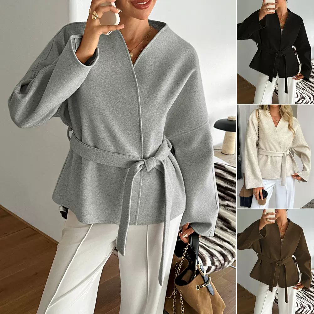 欧美外贸亚马逊独立站2025秋冬新款女士毛呢外套绑带长袖西装外套