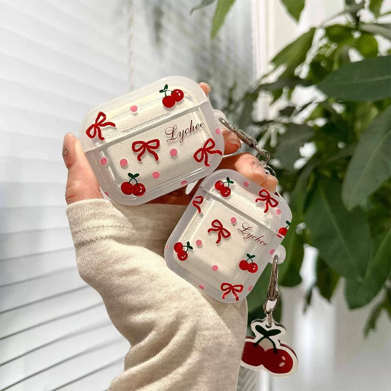 Чехол для наушников Apple AirPods 4/Pro 3 с мультяшной девочкой в горошек и красным бантом в виде вишни