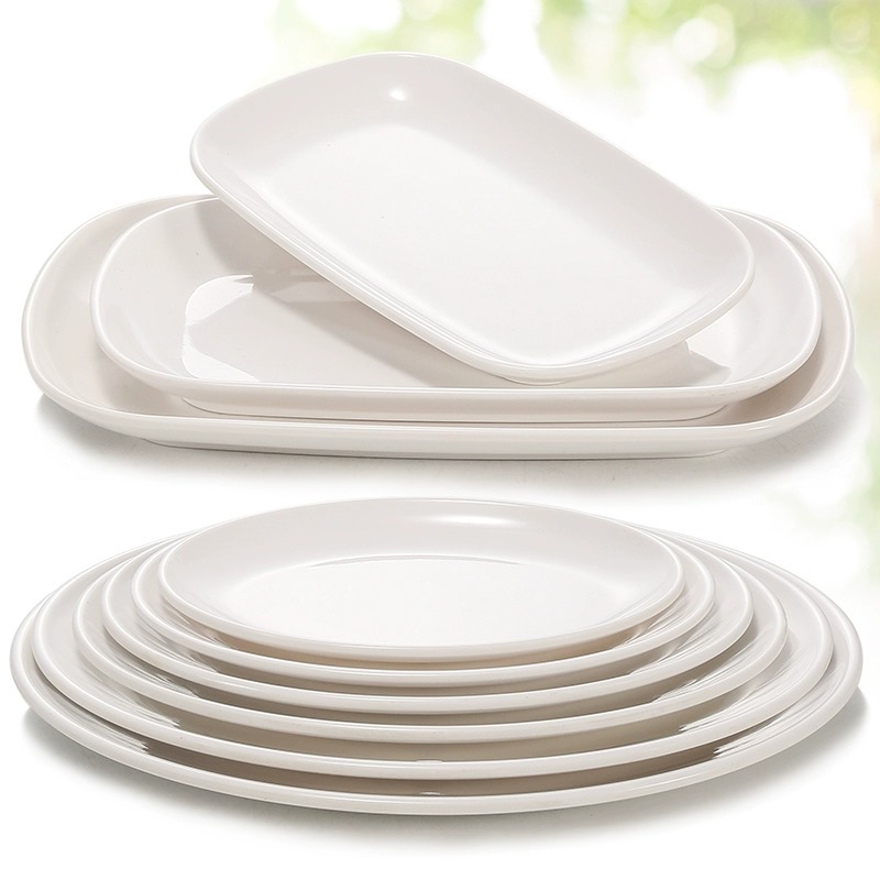 Plato de melamina transfronterizo blanco elíptico rectangular plato de polvo de salchicha de plástico plato de cubierta comercial plato de toalla caliente de porcelana