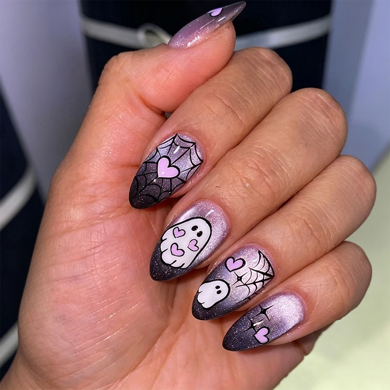 Cross-Border Halloween Cat-Eye Nails with Purple Gradient Spider Web and Cute Ghost Design, Press-On Fake Nails for Halloween Cross-Border Halloween Cat-Eye Nails with Purple Gradient Spider Web and Cute Ghost Design, Press-On Fake Nails for Halloween