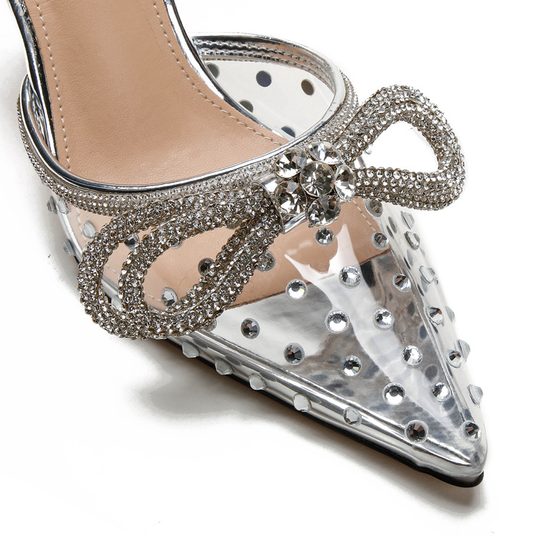 New rhine-diamond transparent high heel sandals women's fine heel pointed high heels with a line with a bun head_voghion.com