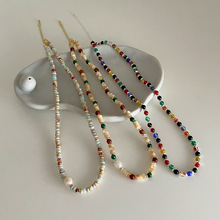 彩色天然石珍珠串珠项链女设计感小众复古个性简约百搭颈链锁骨链