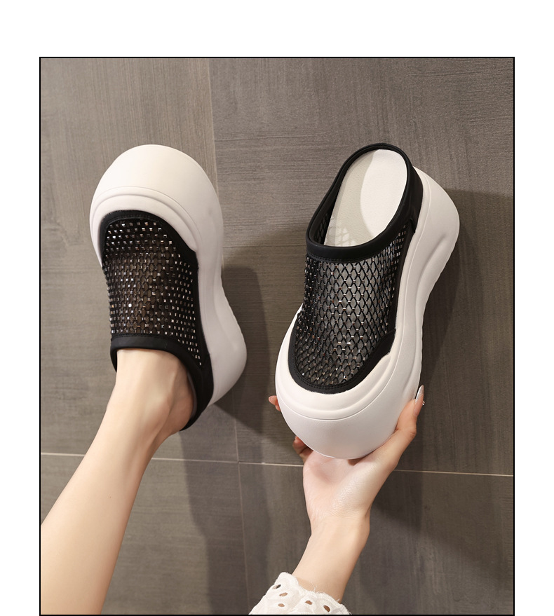 Dép sandal nữ đế dày tăng chiều cao, mũi kín đính đá rhinestone, phong cách bánh xốp mùa hè — màu đen, màu trắng chi tiết 14