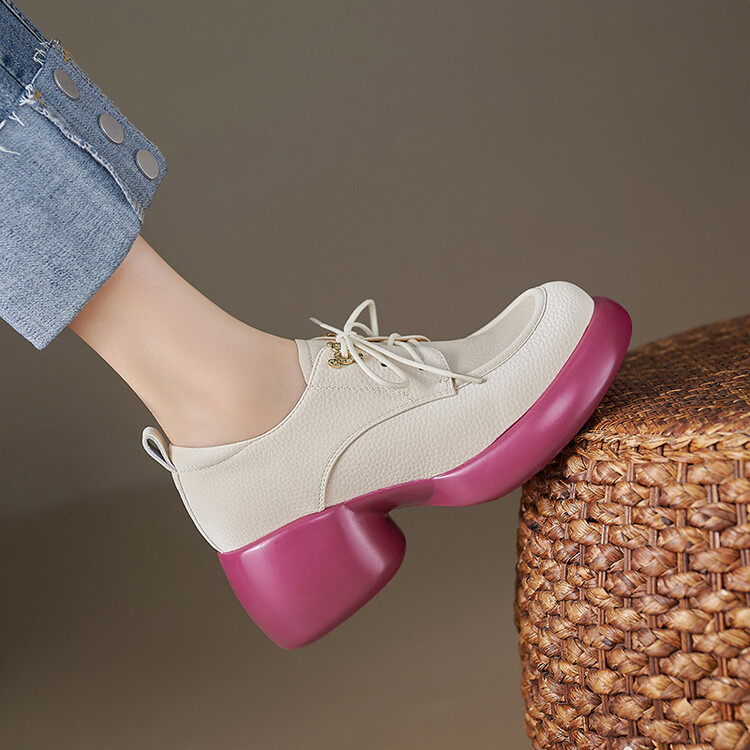 2026 Autumn New Style Cowhide Thick-Soled Lace-Up Color-Blocked Loafers Casual Women's Chunky Heel Platform Sole Off-White Single Shoes
