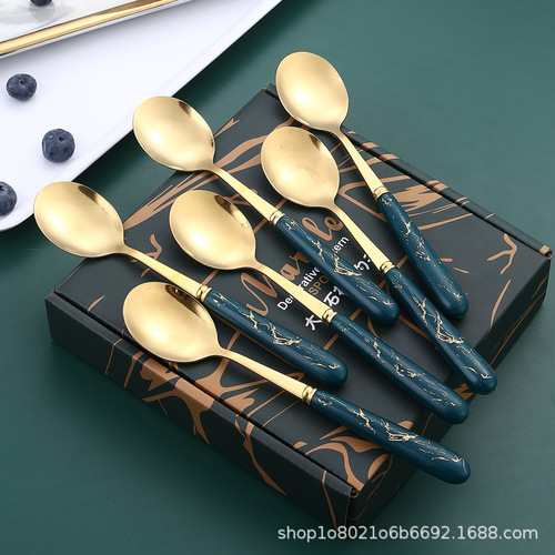 Manufacturer wholesale Internet celebrity creative stainless steel spoon household dessert spoon soup rice spoon marble pattern gift box set