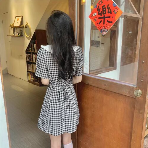 Doll Collar Grid Patchwork Skirt Women Summer French Short Sleeve One-Step Skirt Cute Japanese Short Skirt