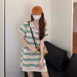 东南亚夏2024新款韩系减龄polo领宽松条纹针织裙撞色短袖连衣裙女