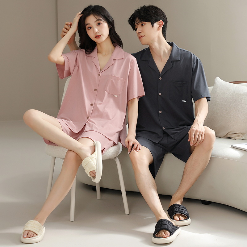 [Antibacteriano] Pijamas de pareja, cardigan fino de algodón de verano, solapa, pantalones cortos de manga corta, trajes coreanos para hombres y mujeres, servicio a domicilio