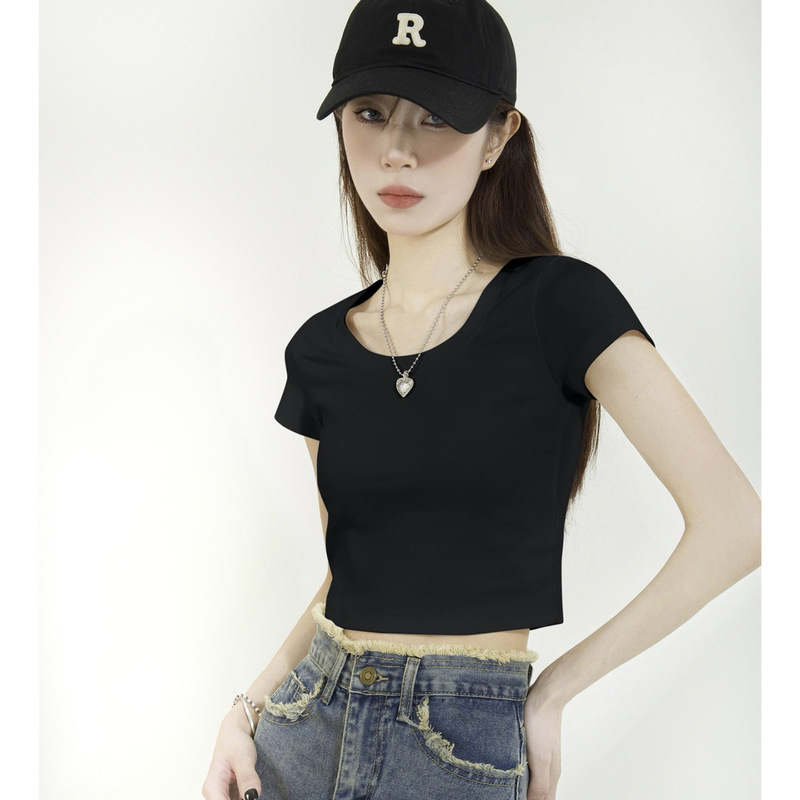 Black Shoulder Short-sleeved T-shirt Women's Summer 2025 New Tight Short Top High Waist Hot Girl Navel Short T-shirt