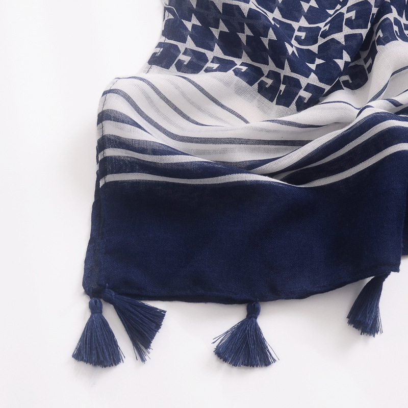 Comercio exterior bufanda de seda fresca borla larga de las mujeres chal de doble uso azul marino patrón geométrico de algodón y lino sensación bufanda impresa