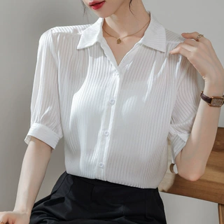 实拍~白色条纹中袖衬衫女轻薄修身显瘦别致女上衣短袖夏