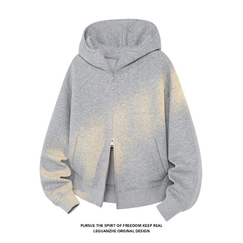 400G Heavy-duty Double-zipper Hooded Sweatshirt For Men, Autumn Trendy American Style Cleanfit Gray Loose-fitting Jacket_voghion.com