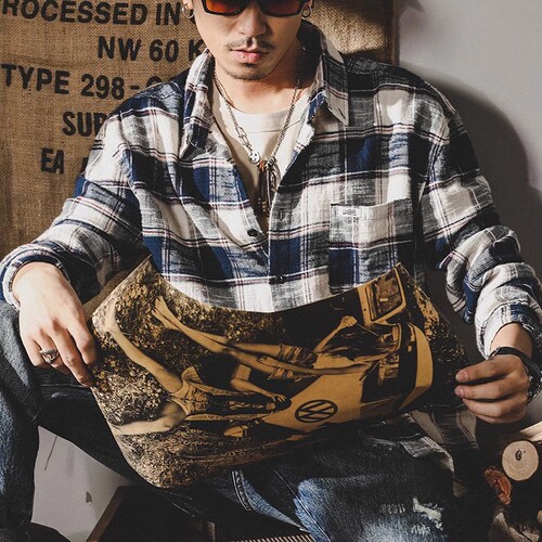 American Heavyweight Retro Plaid Shirt Men's Long Sleeve Loose Fall Trend Japanese Style Collar Shirt for Men Spring Autumn Outer Cross-border