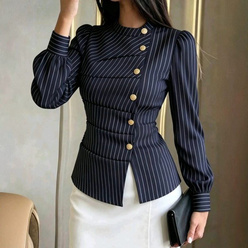 2026 Autumn Cross-Border European and American New Commute Style Puff Long Sleeve Shirt with Slanted Placket, Back Tie, and Waist-Cinching Stripes 2026 Autumn Cross-Border European and American New Commute Style Puff Long Sleeve Shirt with Slanted Placket, Back Tie, and Waist-Cinching Stripes