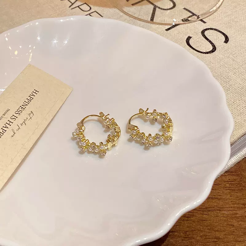 法式复古经典款珍珠耳圈耳扣女高级感个性精致锆石耳钉耳饰品批发