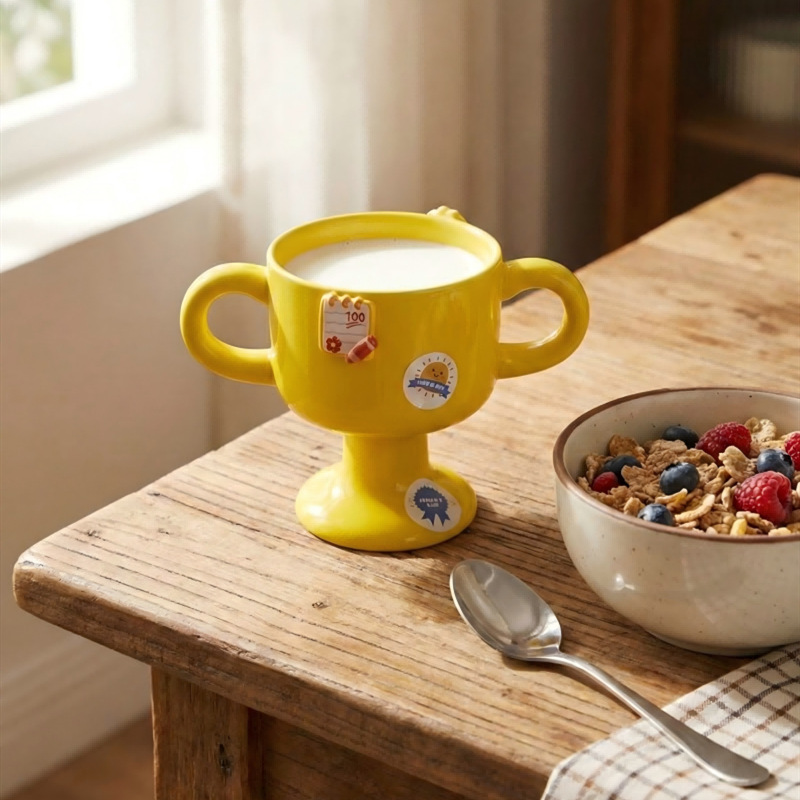 Creative Ceramic Award Trophy DIY Cup, Cute Ice Cream Cup, Household Tall Cup for Snacks, Fruit, Yogurt, Double-Eared Cup