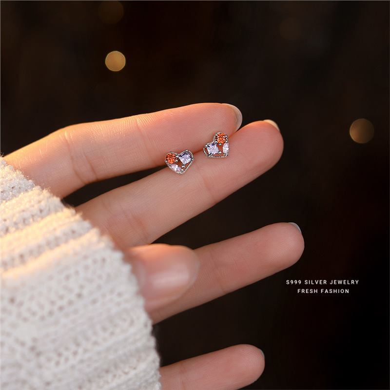 S999 Silver Zircon Heart Stud Earrings Simple Sweet Versatile_voghion.com