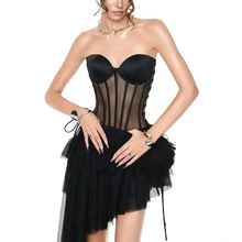 2025秋季新款性感甜辣风抹胸连衣裙高腰蕾丝镂空不规则纯色短裙女