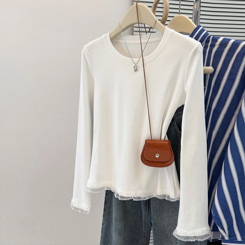 White Lace Splicing Hem Long-Sleeved T-Shirt for Women in Autumn and Winter Slim Korean Style Bottoming Shirt Top White Lace Splicing Hem Long-Sleeved T-Shirt for Women in Autumn and Winter Slim Korean Style Bottoming Shirt Top