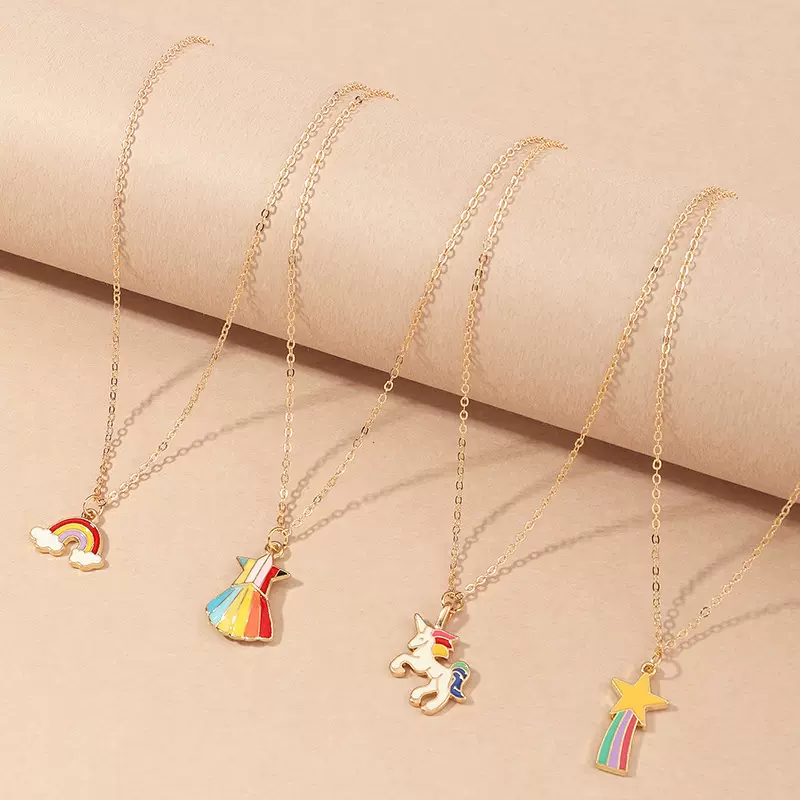 跨境女生版可爱旅行出游服饰搭配颈链独角兽吊坠儿童四条项链组合