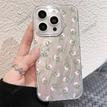 简约绿叶花花适用苹果17promax羽纱air手机壳16/15高级感PC保护套